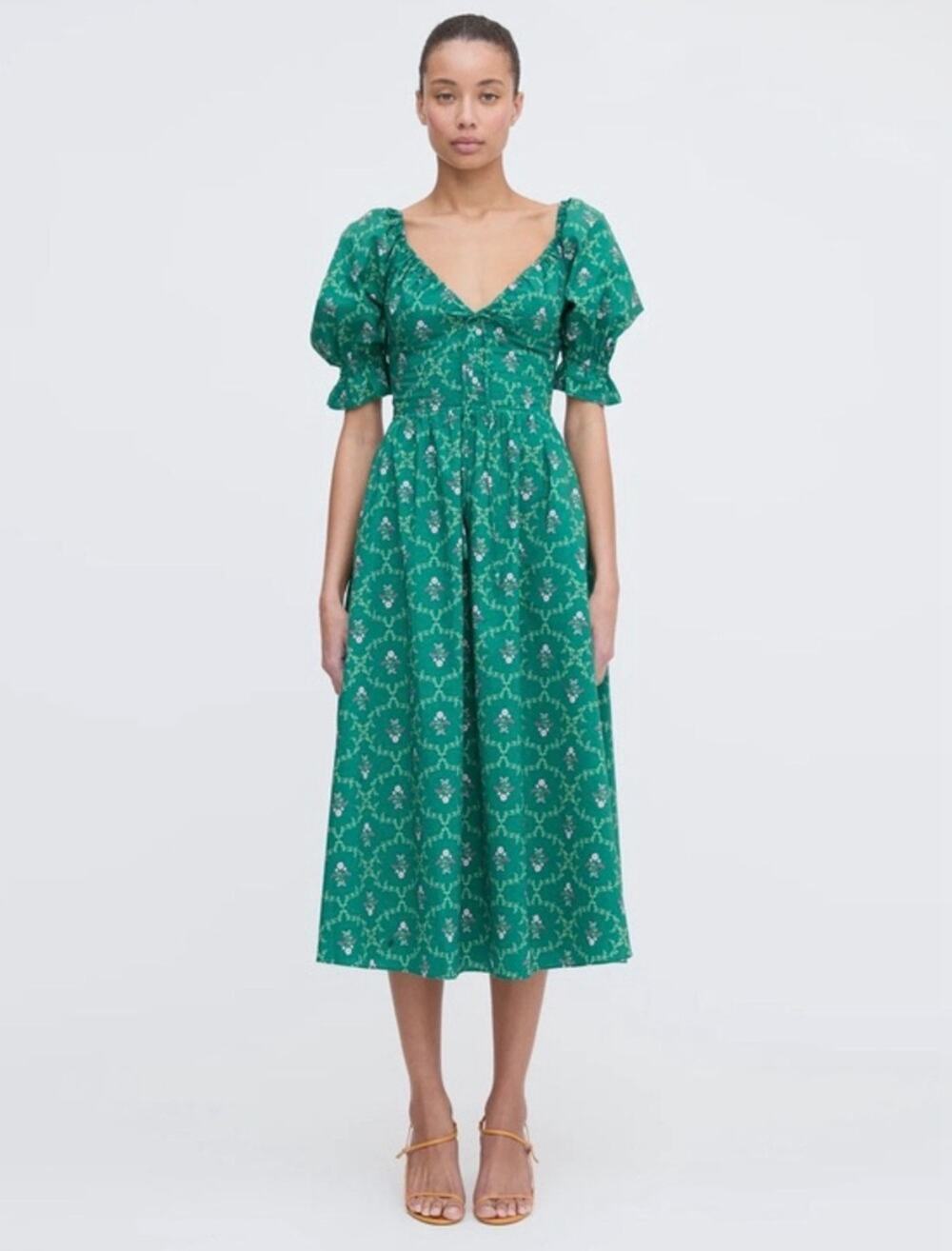 Hill House The Ophelia Dress in Emerald Trellis Green 100% Cotton Size XS